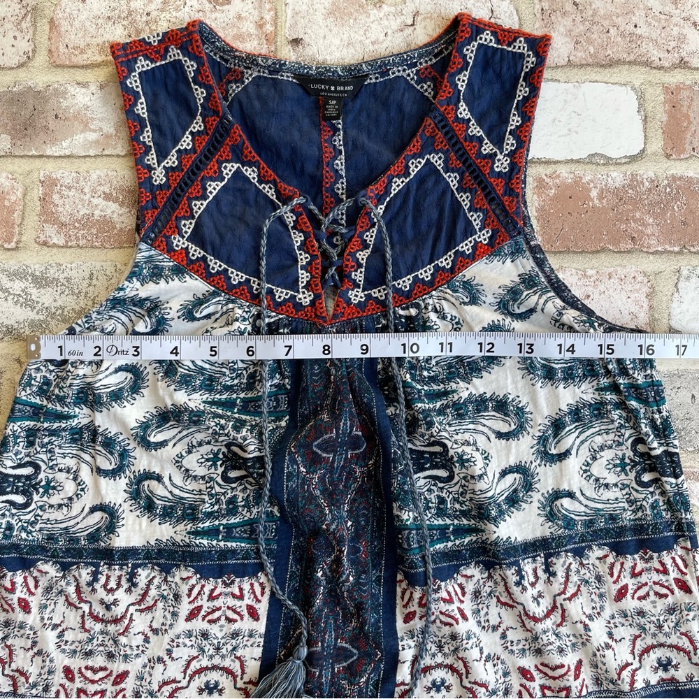 Lucky Brand Sleeveless Top | Size S/P  | Tie Tassels | Blue Pattern Boho - Picture 6 of 9